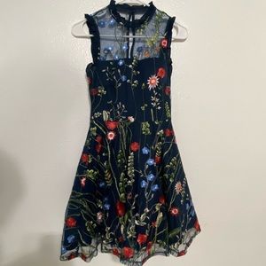 Embroidered navy blue floral dress